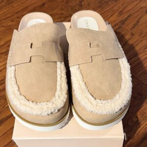 Oasis Beige Suede Shearling-Trim Slip-On Loafers